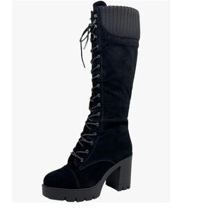 Combat Boots Knee High Black Faux Suede Size 9 Womens Lace Up Chunky Heel Zip